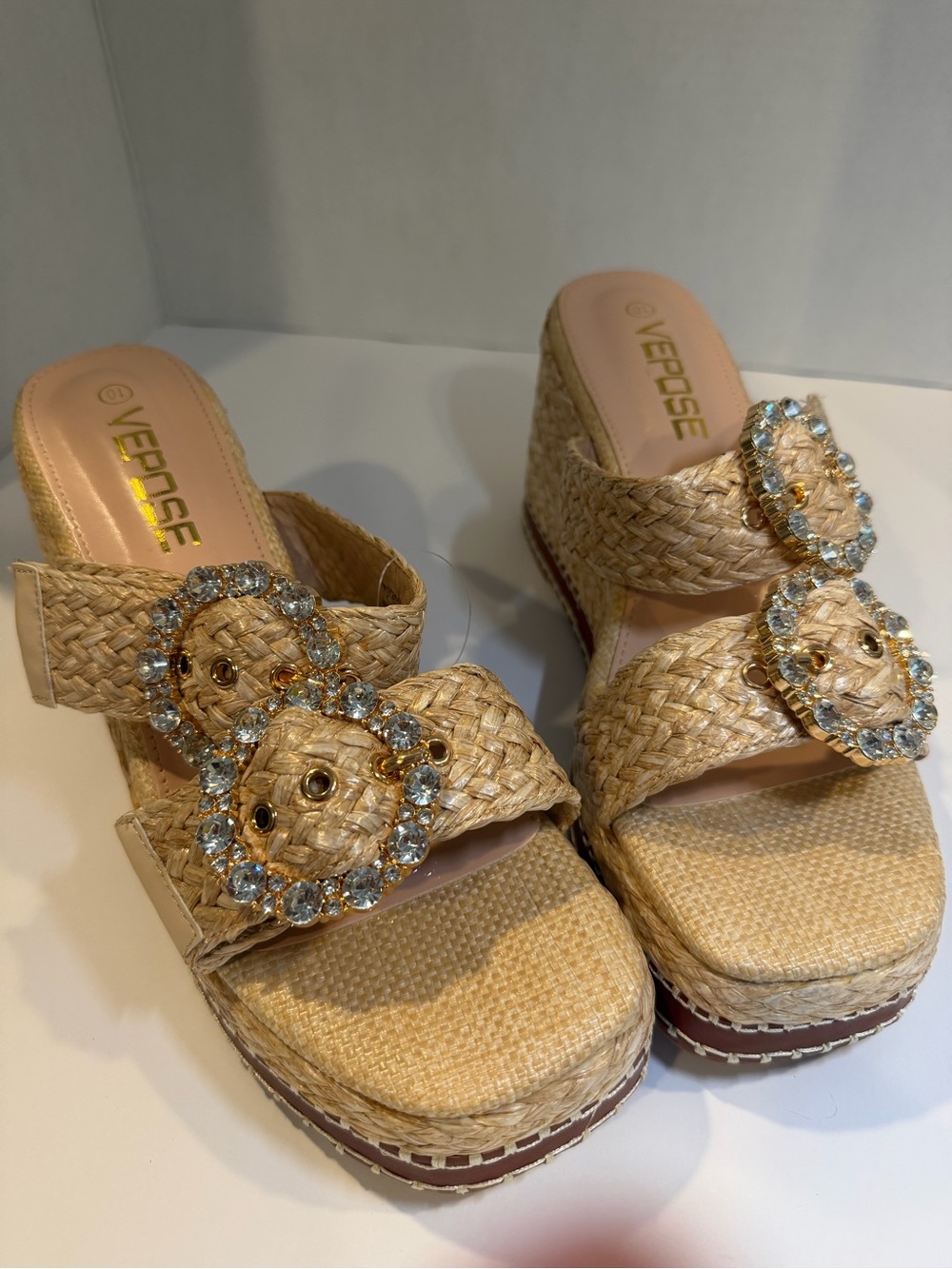 Vepose Natural Raffia Wedge Sandals with Crystal Buckle Accents - Beige